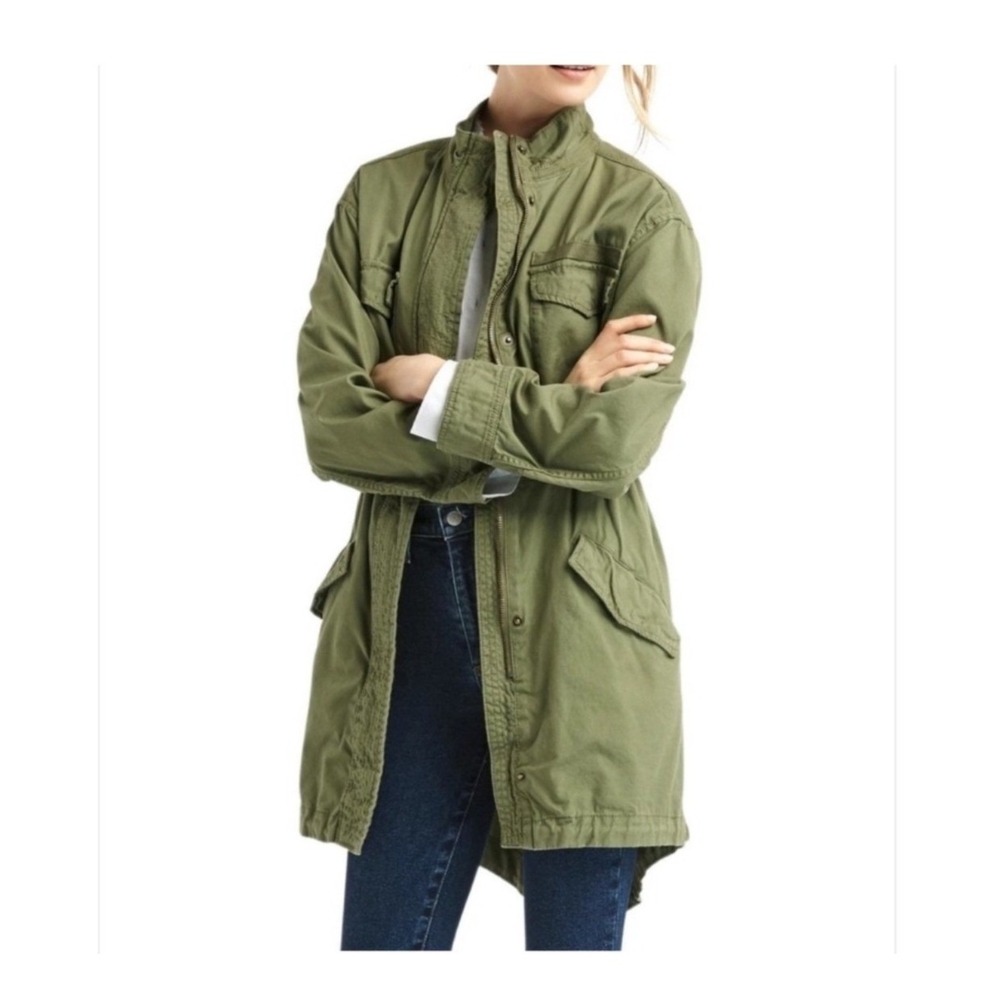 GAP Jacket Coat Long Utility Olive Green Cotton Fishtail Parka Pockets Size XS